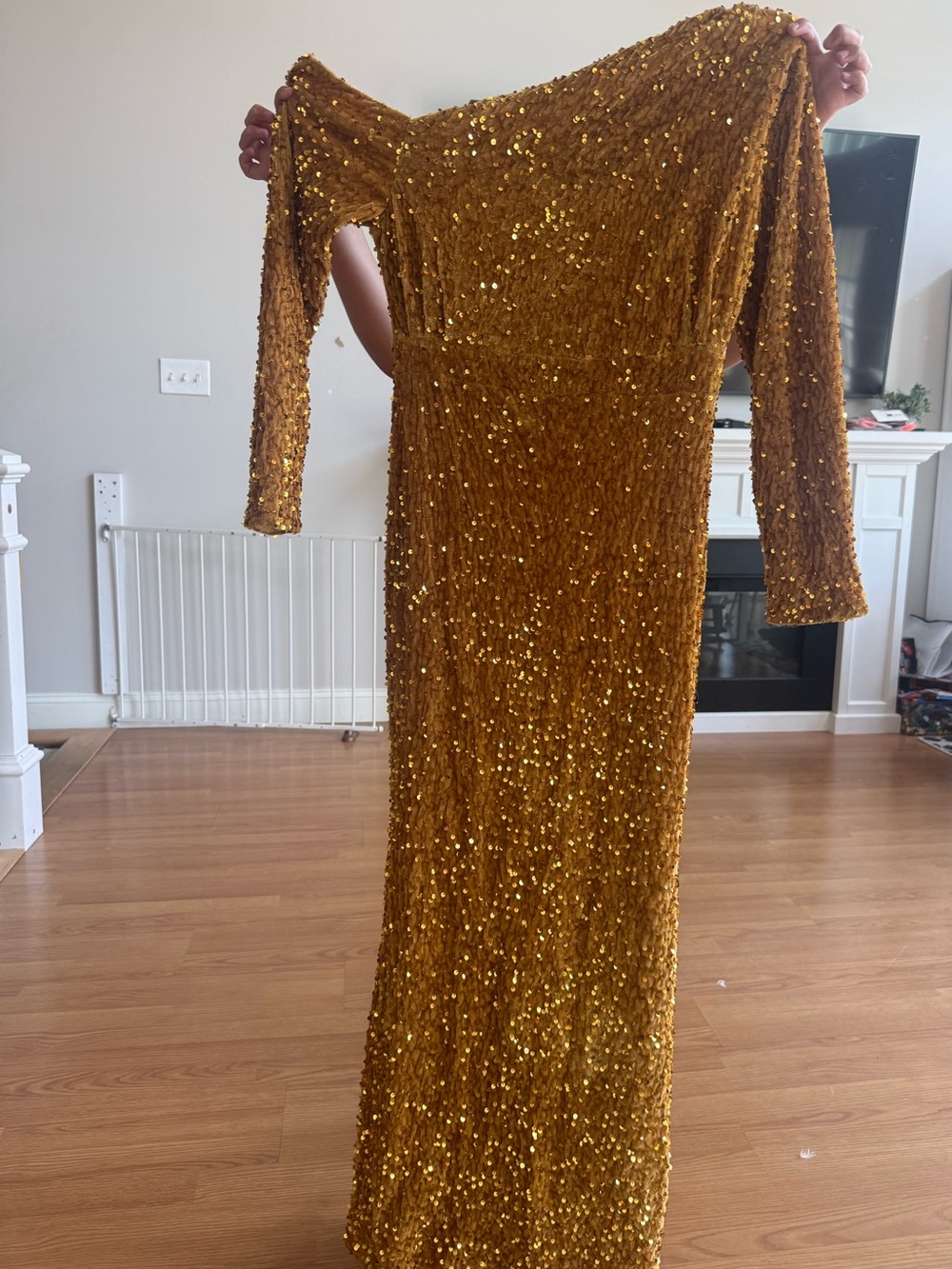 Gold Sequin Long Sleeve Maxi Dress
